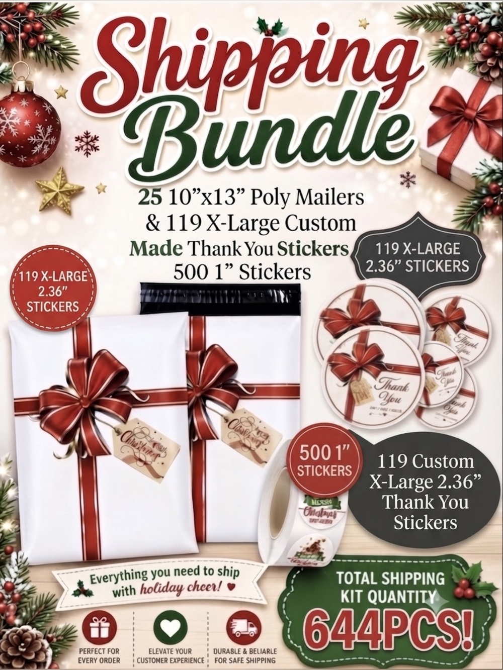 644PC Bundle: 25 10x13 Poly Mailers & 119 Thank You Stickers & 500 Xmas Stickers